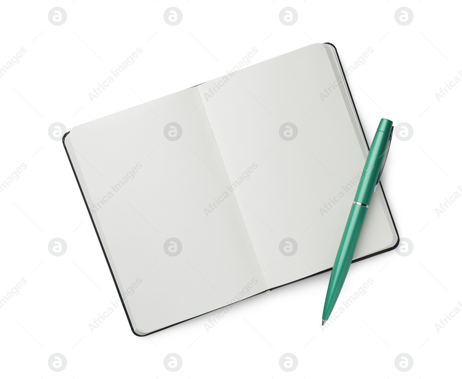 Photo of Open notebook with blank pages and pen isolated on white, top view