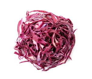 Photo of Pile of chopped red cabbage on white background, top view