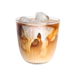Refreshing iced coffee with milk in glass isolated on white