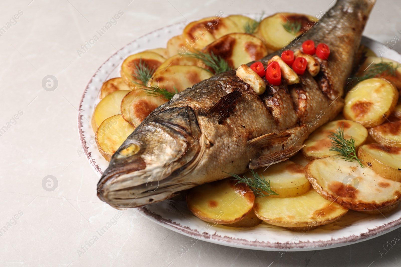 Photo of Plate with delicious baked sea bass fish and potatoes on light table, closeup