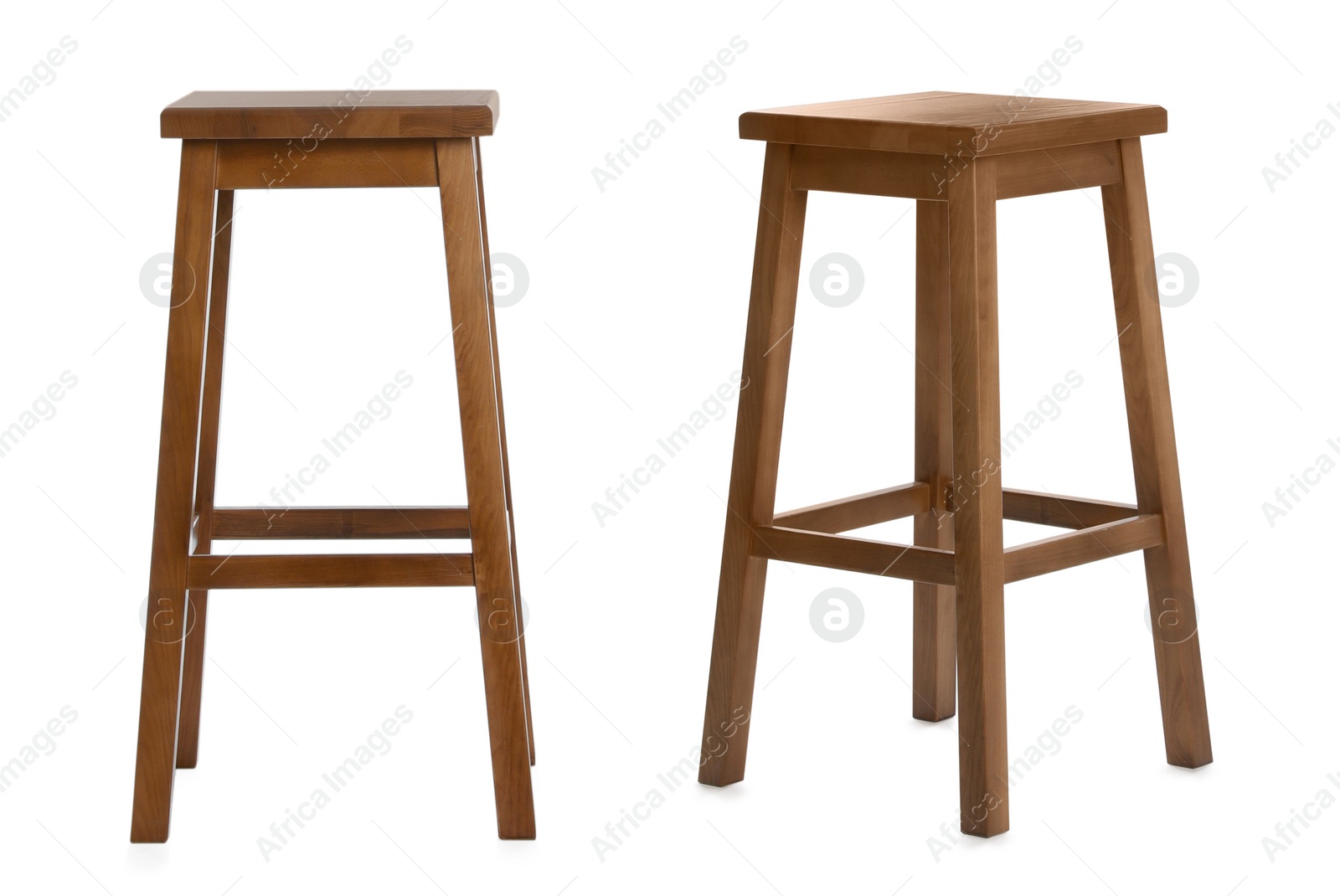 Image of Stylish wooden bar stools on white background, collage