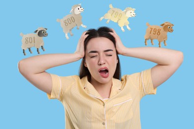 Insomnia. Tired woman yawning and counting to fall asleep on light blue background. Illustrations of sheep with numbers jumping above her