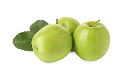 Photo of Ripe green apples and leaves isolated on white
