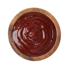 Photo of Tasty barbecue sauce in bowl isolated on white, top view