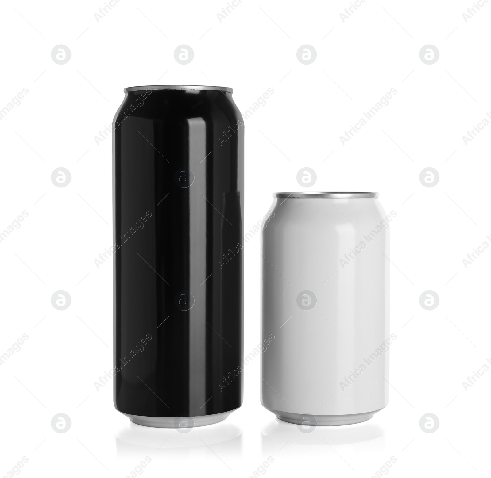 Photo of Aluminum cans with drinks on white background