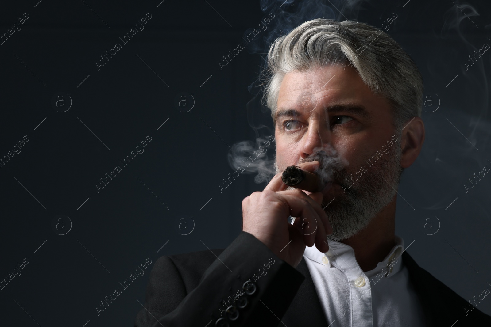 Photo of Handsome bearded man smoking cigar against dark grey background. Space for text