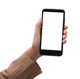 Photo of Woman holding smartphone with blank screen isolated on white, closeup. Mockup for design
