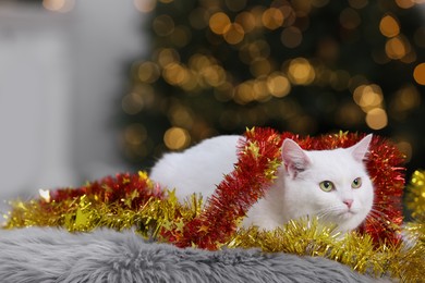 Photo of Cute cat with Christmas tinsel lying on fur rug in cosy room. Space for text