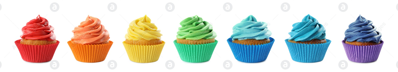 Image of Set of delicious birthday cupcakes on white background. Banner design