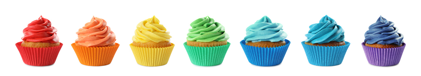 Image of Set of delicious birthday cupcakes on white background. Banner design