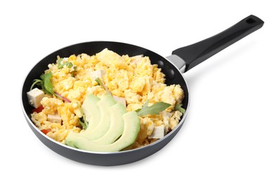 Photo of Frying pan with delicious scrambled eggs, tofu and avocado isolated on white