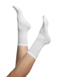 Photo of Woman in stylish socks on white background, closeup