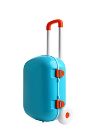 Stylish little blue suitcase on white background