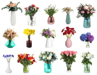 Image of Collage with many beautiful bouquets and flowers in different vases on white background