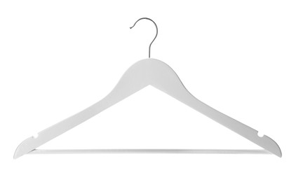 Photo of Empty wooden hanger isolated on white. Wardrobe accessory