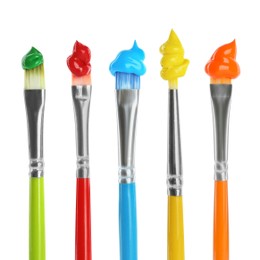 Image of Set of different brushes with paints on white background