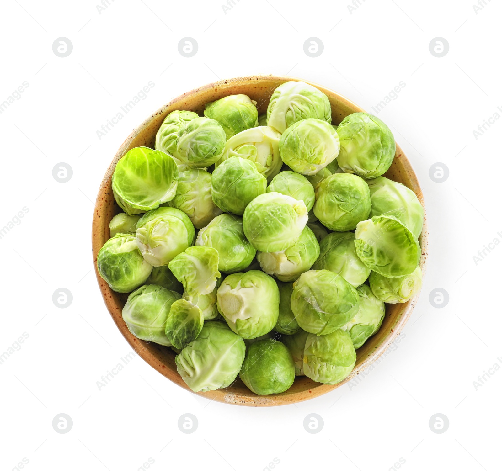 Photo of Bowl of fresh Brussels sprouts isolated on white, top view