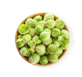 Photo of Bowl of fresh Brussels sprouts isolated on white, top view