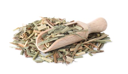 Pile of aromatic lemongrass and wooden scoop isolated on white