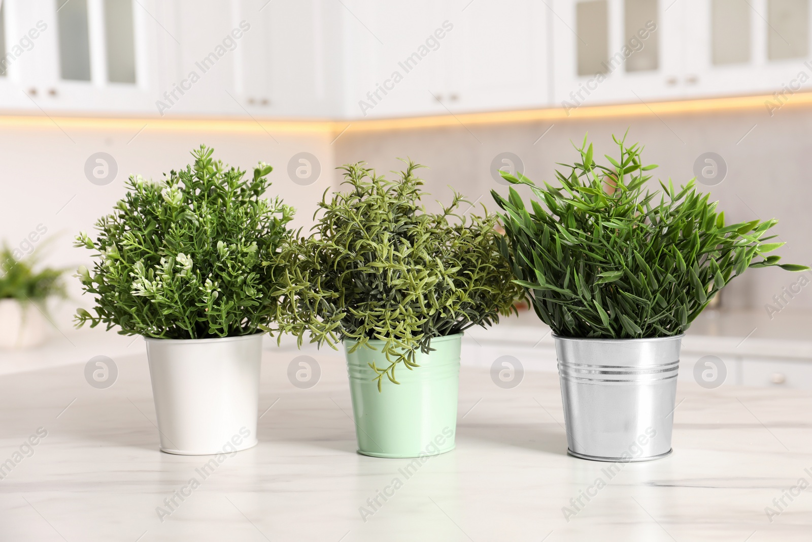 Photo of Artificial potted herbs on white marble table in kitchen. Home decor