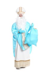 Full length portrait of Saint Nicholas holding sack with presents on white background