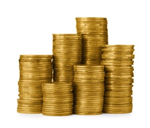 Photo of Many golden coins stacked on white background