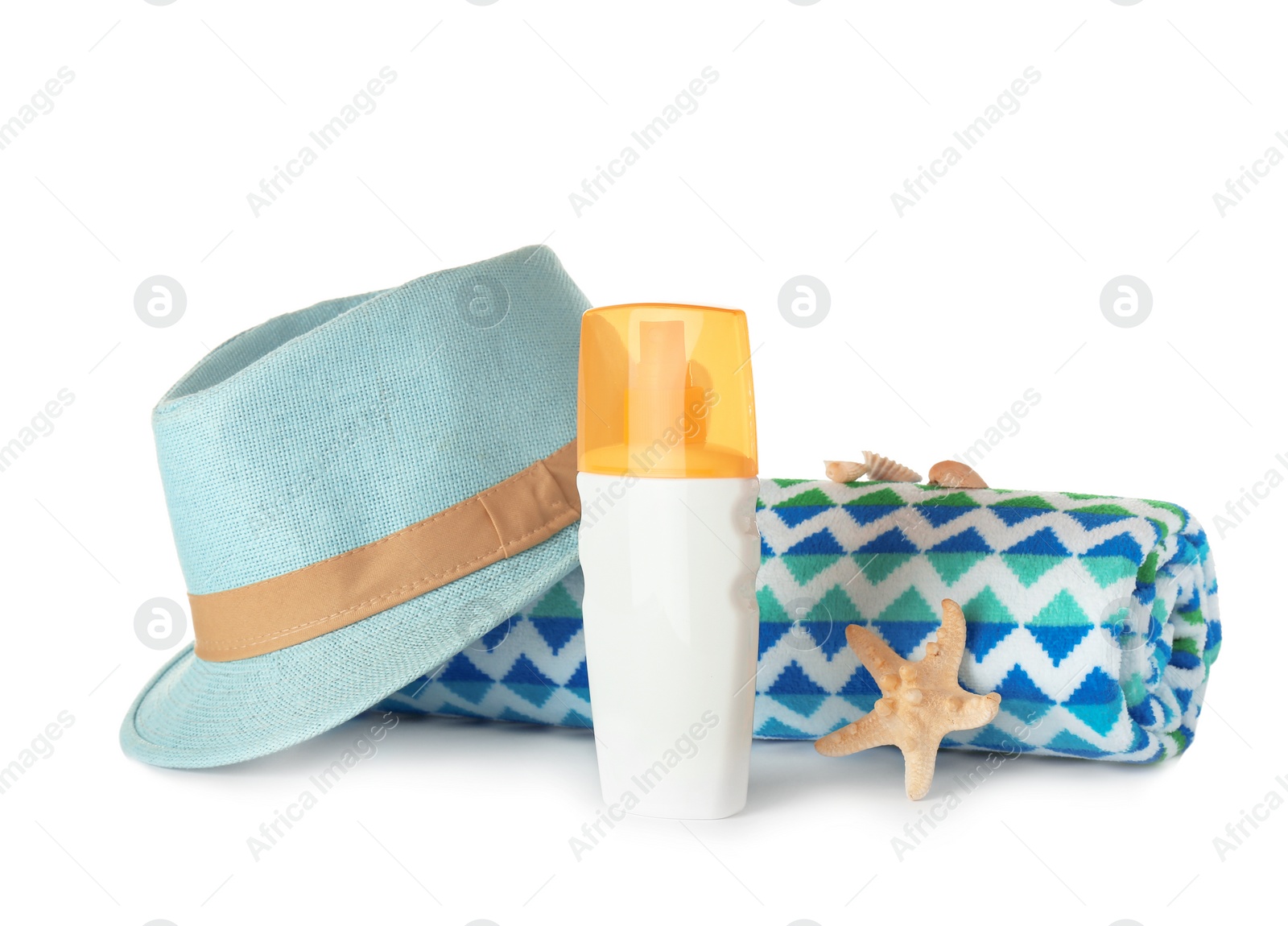 Photo of Composition with beach accessories on white background