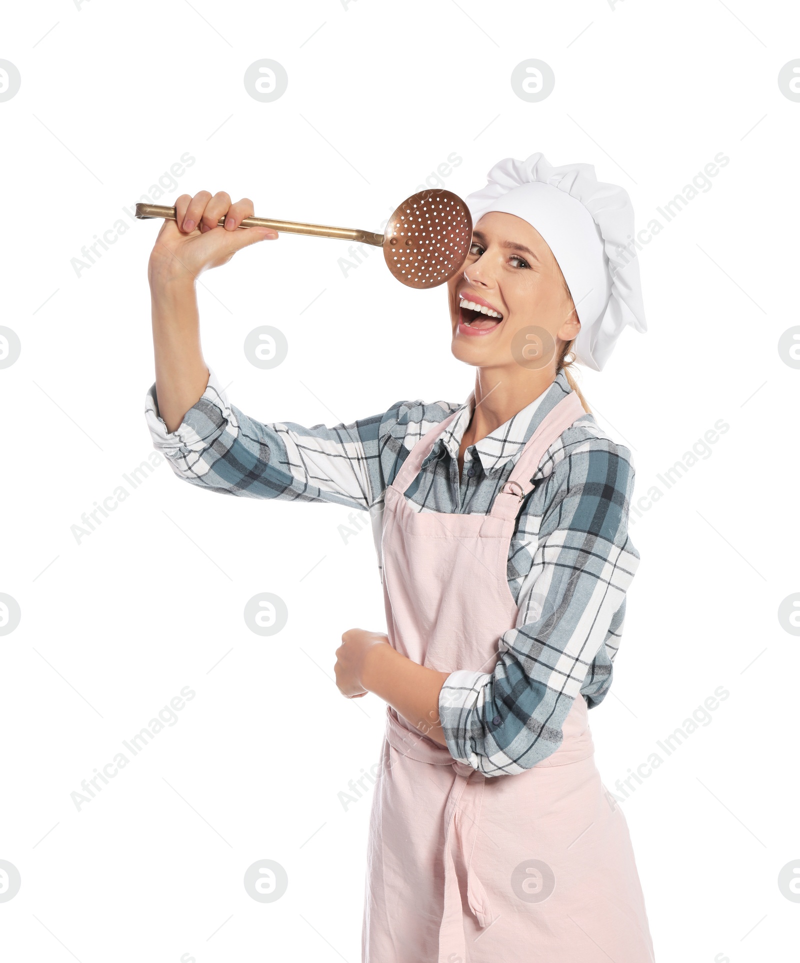 Photo of Female chef holding skimmer on white background