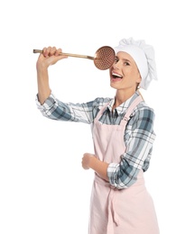 Photo of Female chef holding skimmer on white background
