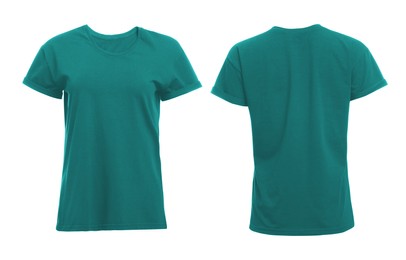 Image of Front and back views of teal women's t-shirt on white background. Mockup for design