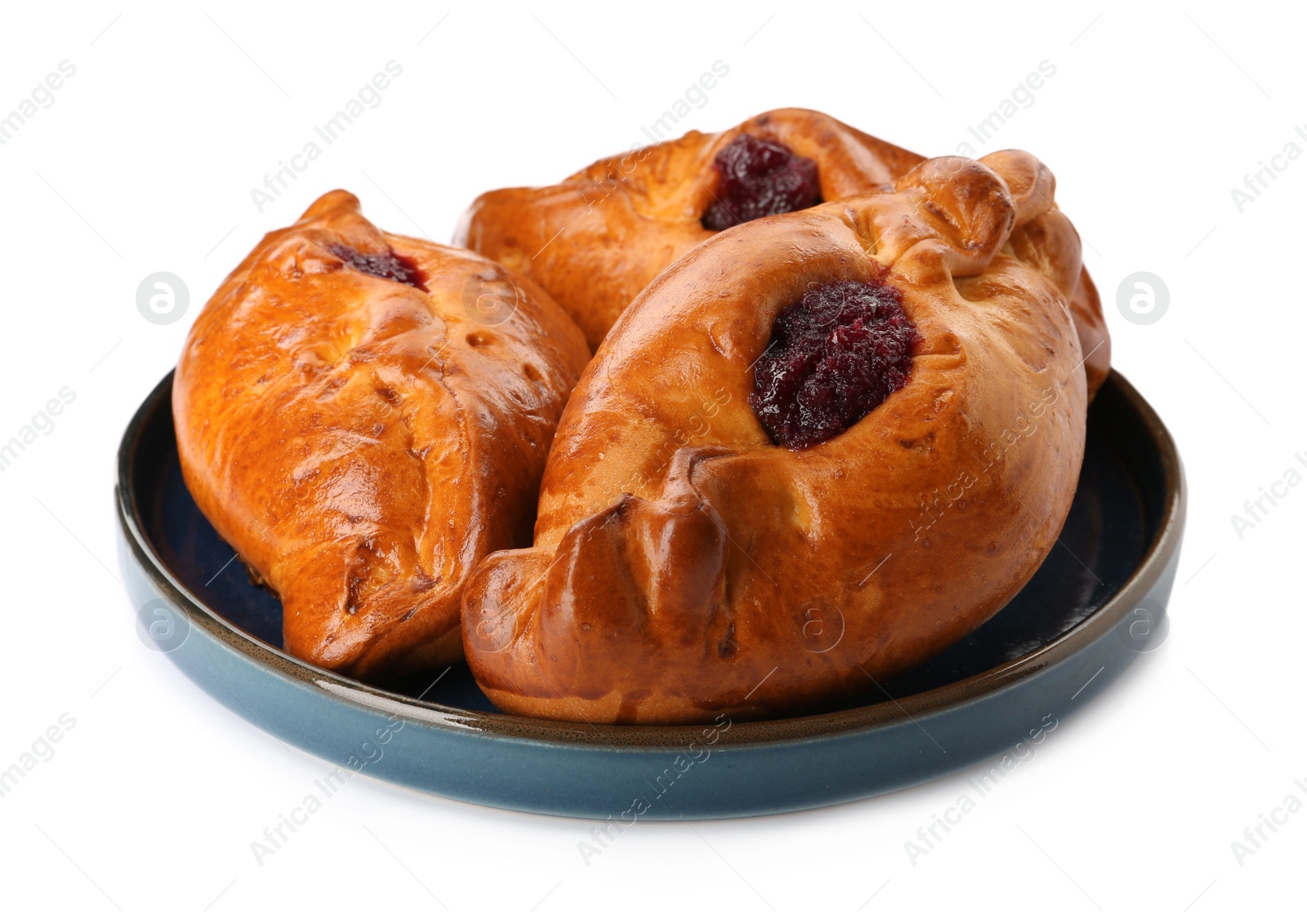 Photo of Delicious baked patties with cherry on white background