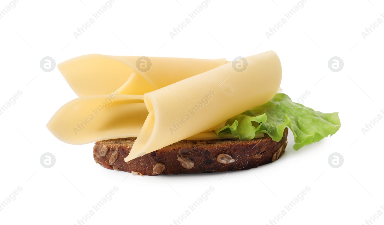 Photo of Tasty sandwich with slices of fresh cheese and lettuce isolated on white