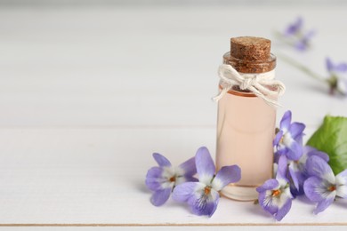 Photo of Beautiful wood violets and essential oil on white table, space for text. Spring flowers