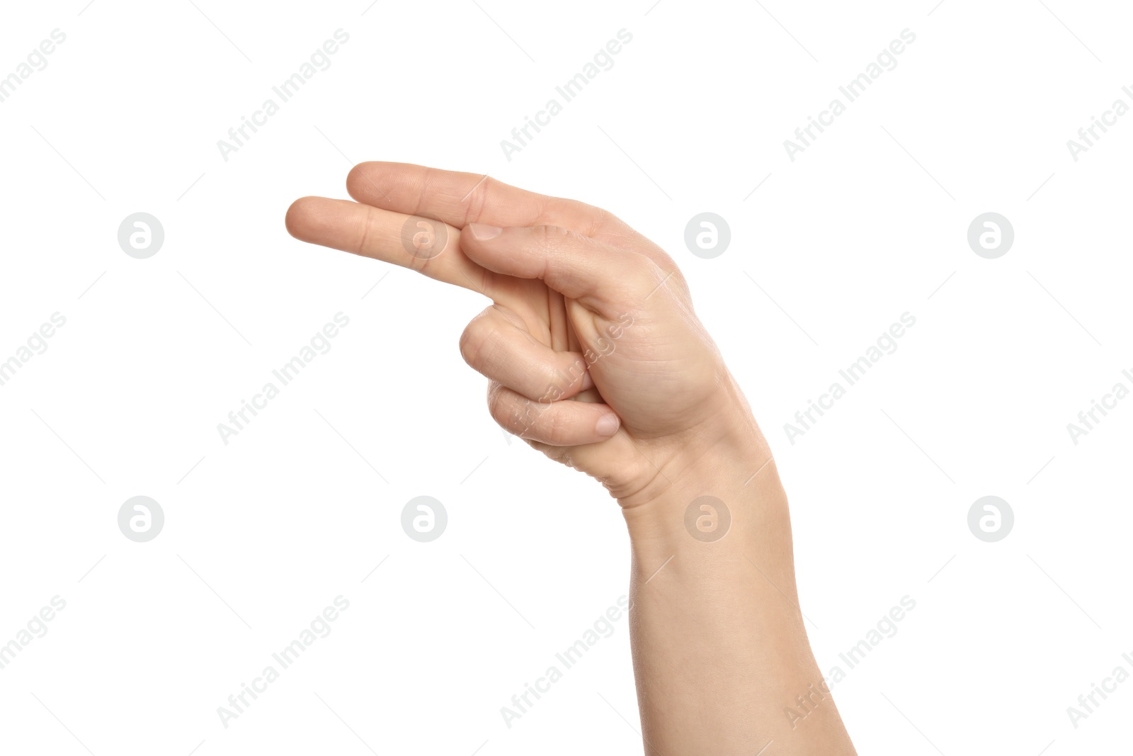 Photo of Man showing H letter on white background, closeup. Sign language