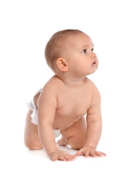 Cute little baby crawling on white background