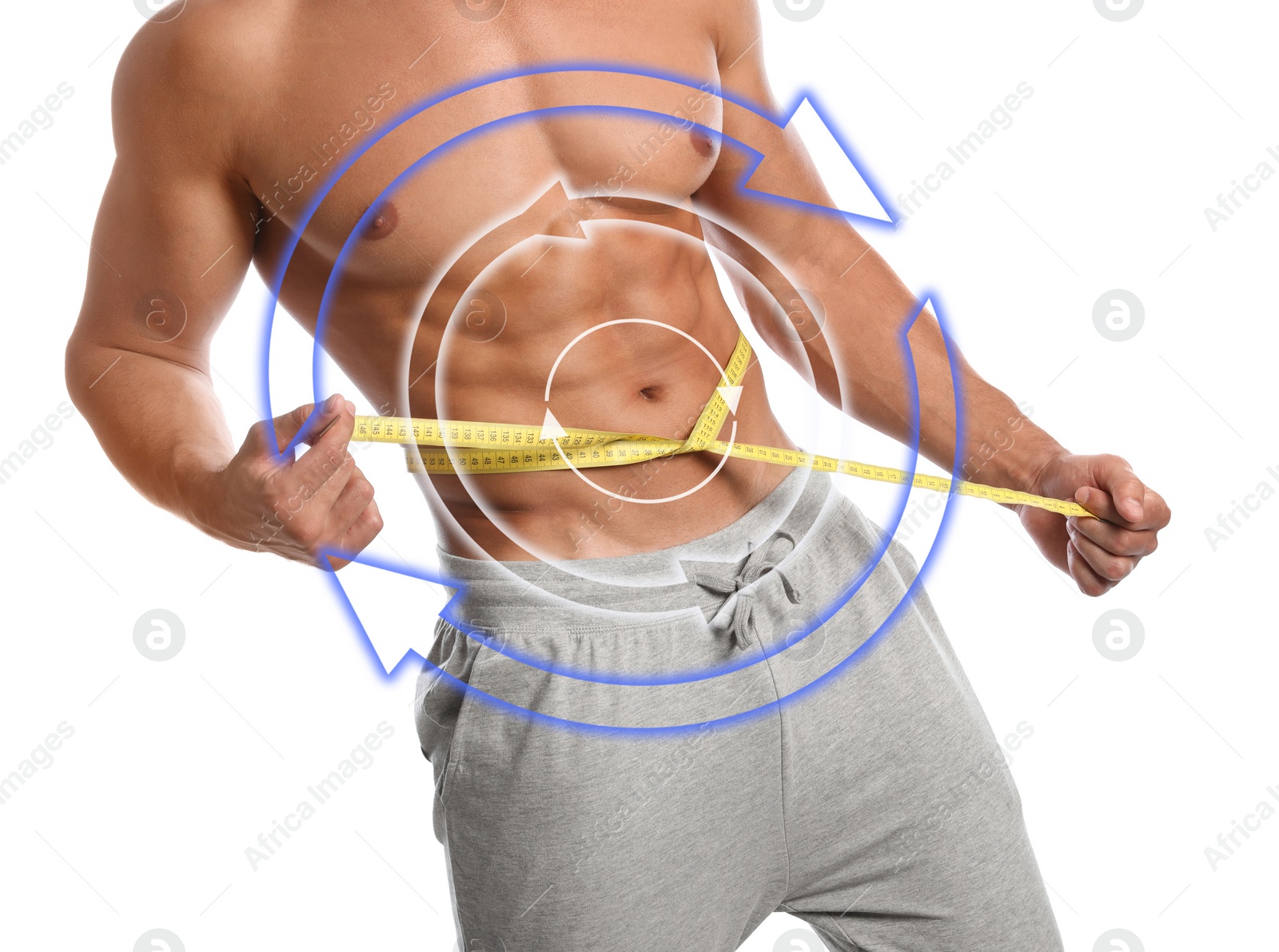 Image of Metabolism concept. Man with perfect body on white background, closeup