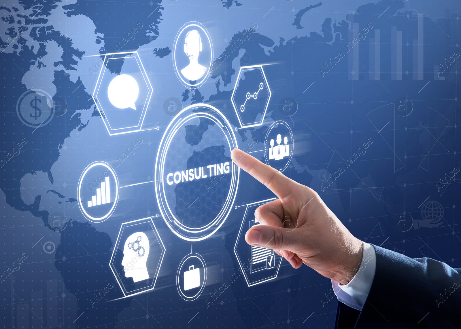 Image of Consulting concept. Man pointing at icons on virtual screen, closeup