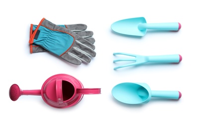 Photo of Flat lay composition with professional gardening tools on white background