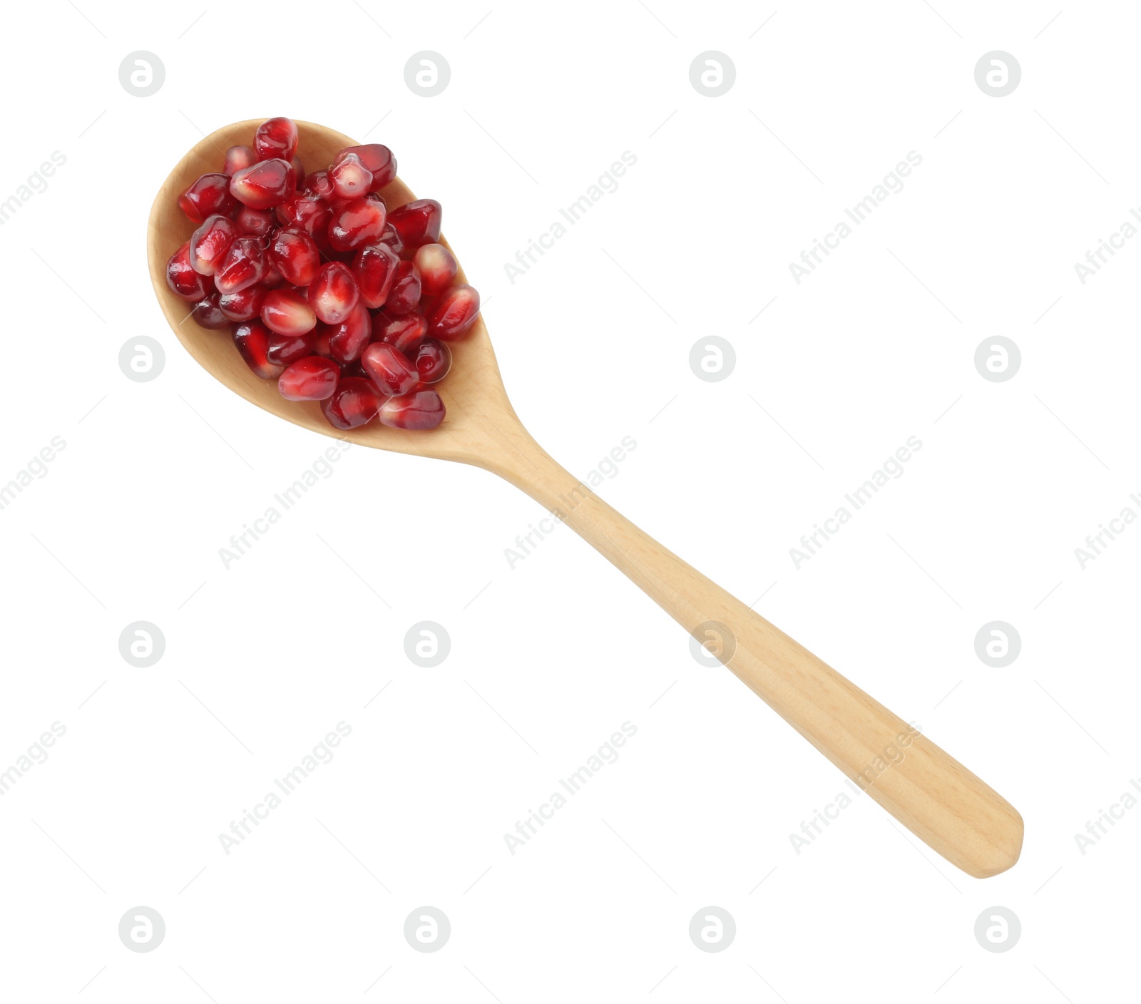 Photo of Ripe juicy pomegranate grains in wooden spoon isolated on white, top view