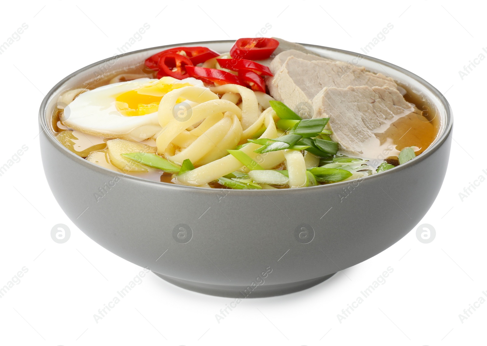 Photo of Delicious ramen in bowl isolated on white. Noodle soup