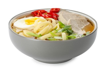 Photo of Delicious ramen in bowl isolated on white. Noodle soup