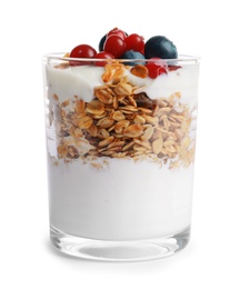Photo of Glass with yogurt, berries and granola on white background