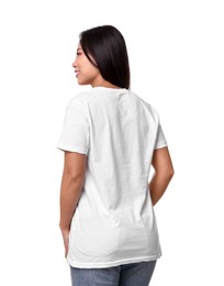 Woman wearing stylish t-shirt on white background