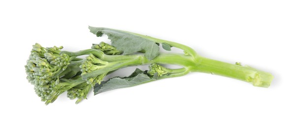 Photo of Fresh raw broccolini isolated on white, top view. Healthy food