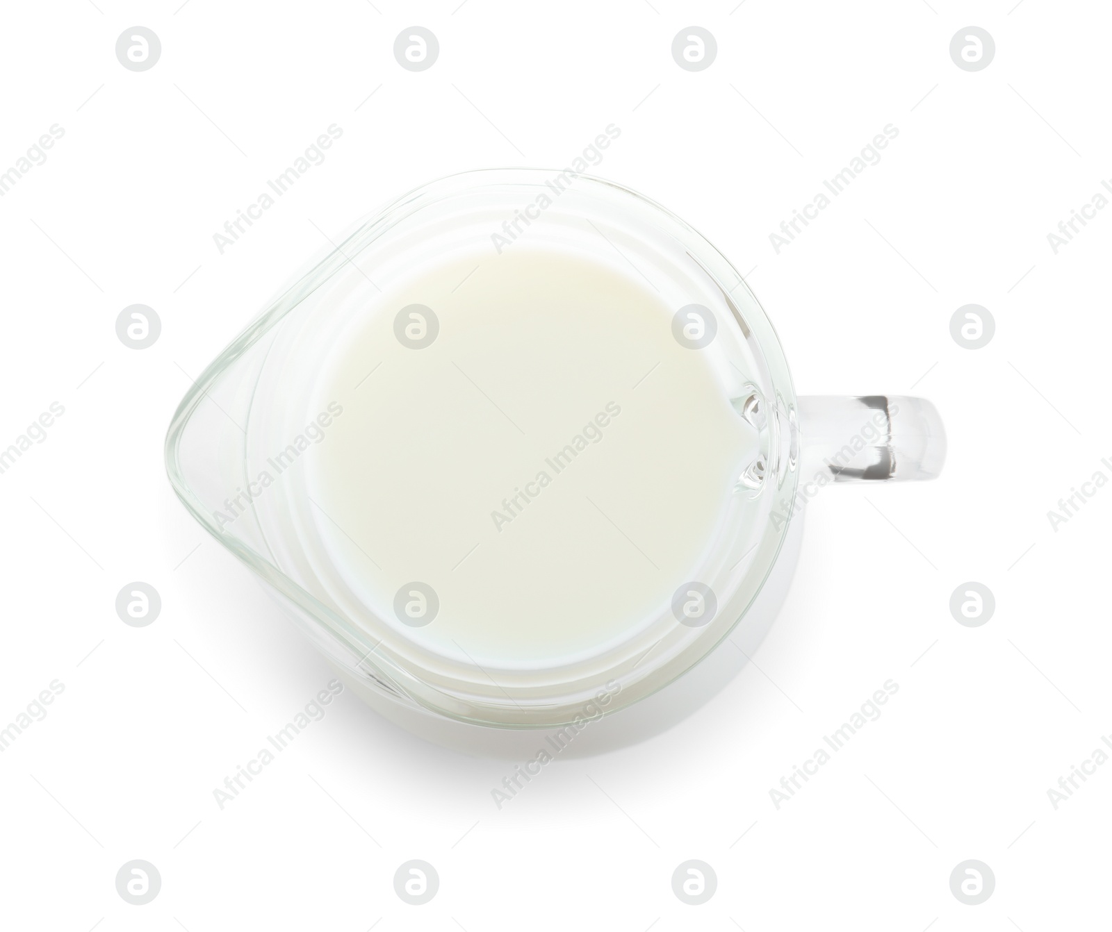 Photo of Jug of fresh milk isolated on white, top view