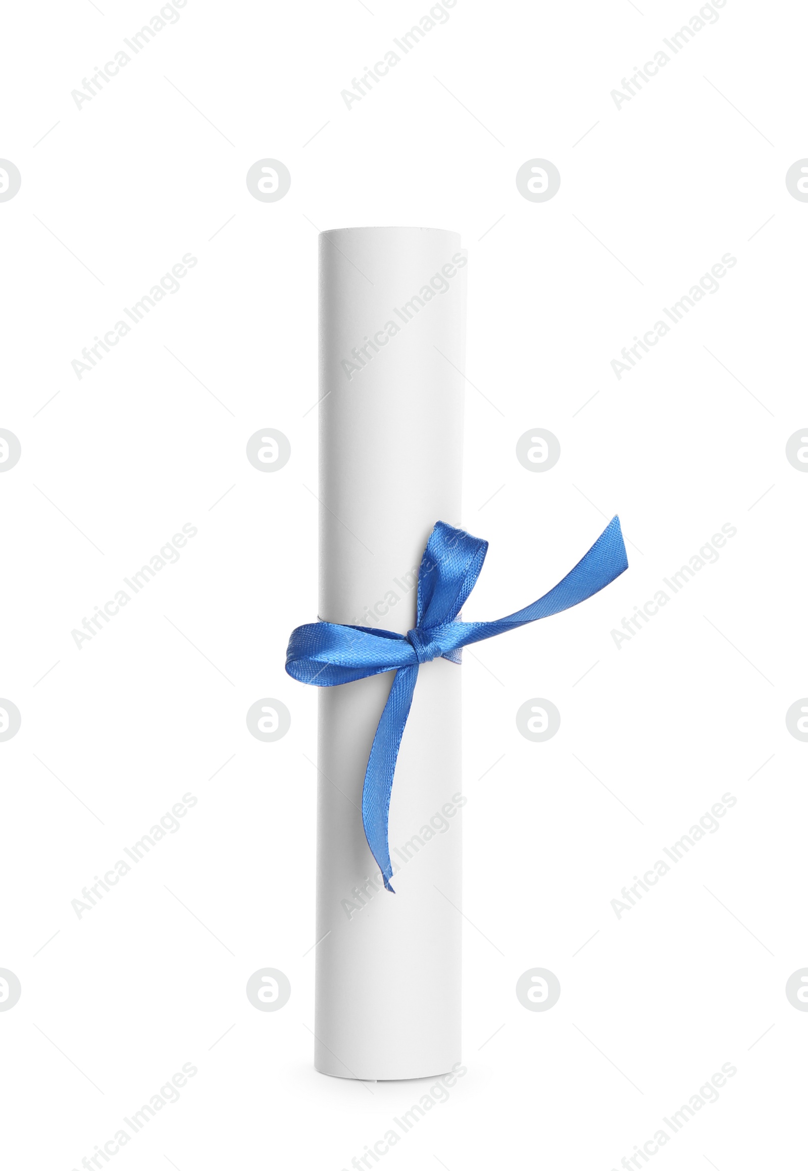 Photo of Rolled student's diploma with light blue ribbon isolated on white