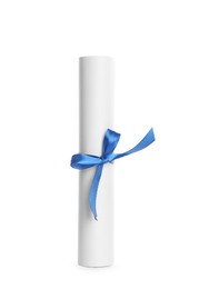 Photo of Rolled student's diploma with light blue ribbon isolated on white