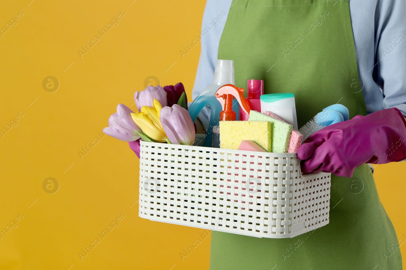 Photo of Spring cleaning. Woman holding basket with detergents, flowers and tools on orange background, closeup. Space for text