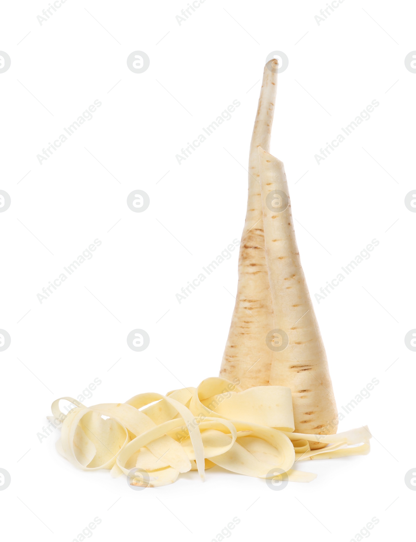 Photo of Whole and sliced fresh ripe parsnip on white background