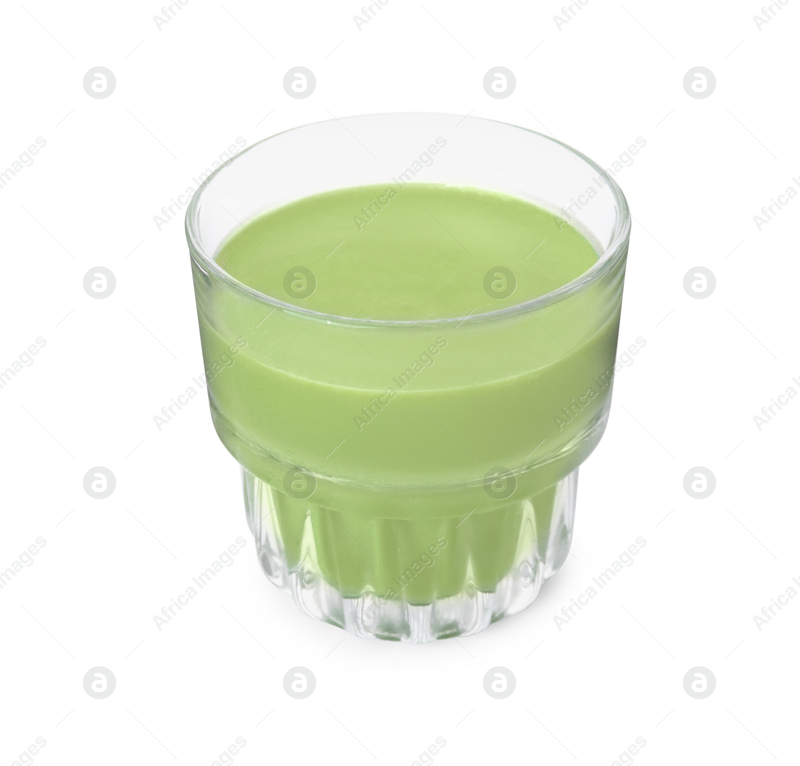 Photo of Glass of tasty matcha smoothie isolated on white